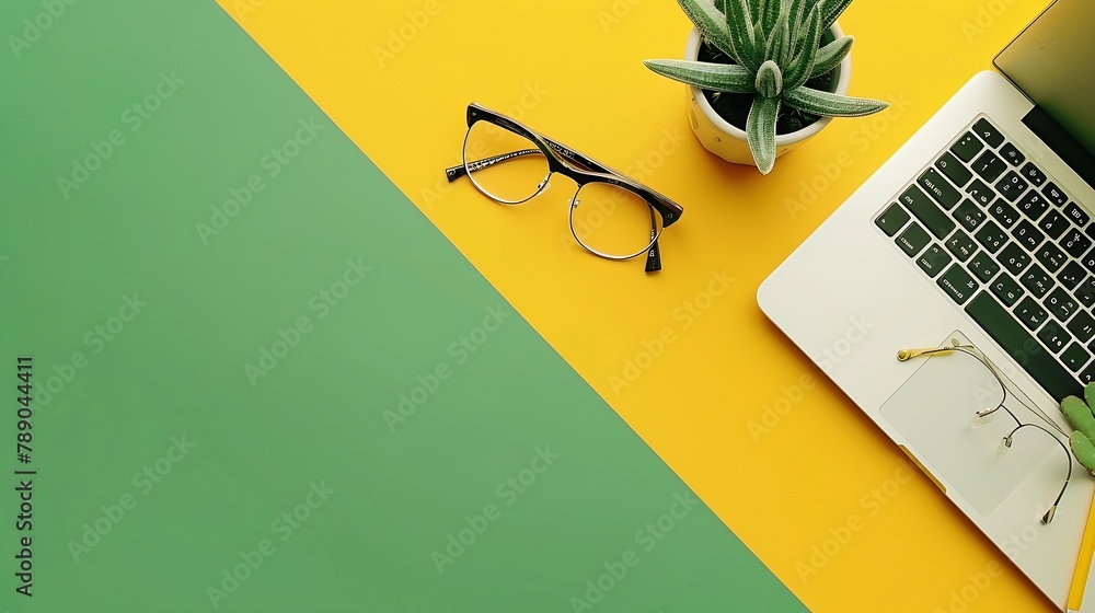 Poster Flat lay design of work desk with notebook eye glasses and cactus on green and yellow background : Generative AI