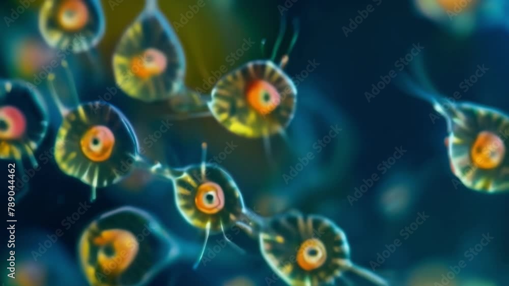 Poster a vibrant and abstract image of ciliates suspended in a drop of water showcasing their diverse shape