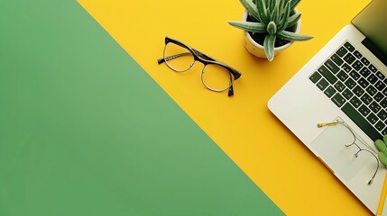 Flat lay design of work desk with notebook eye glasses and cactus on green and yellow background :...