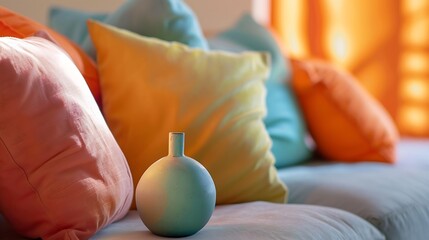 Colorful pillows on a sofa with little vase in foreground : Generative AI