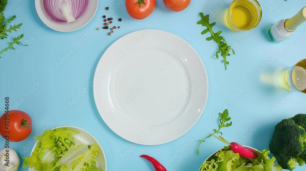 Aufkleber fresh delicious salad and dressing ingredients around empty white plate on light blue background top
