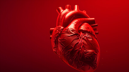 A red heart is shown in a close up by a red background. Concept of love, passion, and emotion. 3D render red Hearth. Cardiac organ problem, Infarct. 3D heart problem. Artistic illustration - obrazy, fototapety, plakaty