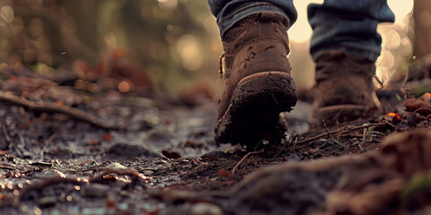 A close up of the hiking boots in the forest. Mountain Tourism.