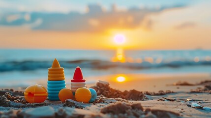 Toy for kid with sunset beach background relax and recreation concept on summer season and holiday