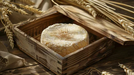 Fotobehang Rustic Camembert Cheese Presentation in a Wooden Box with Elegant Garnishing © Adin