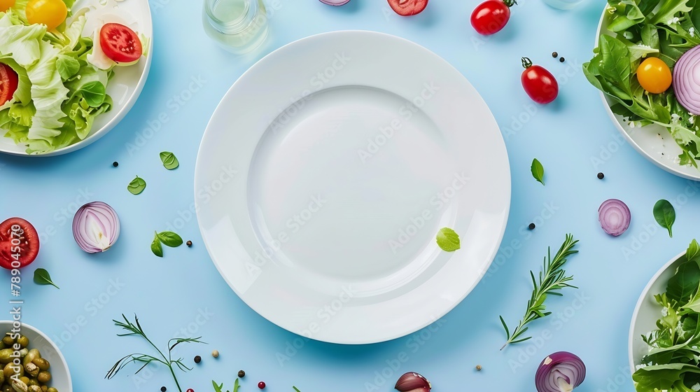 Aufkleber fresh delicious salad and dressing ingredients around empty white plate on light blue background top