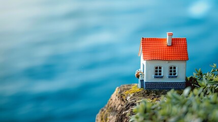 Toy house against the blue sea