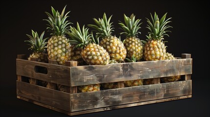 A wooden box full of pineapples