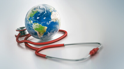 Stethoscope with a blue globe. 3D illustration - 789045078
