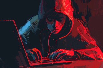 Hacker hacking with laptop and data screen background.