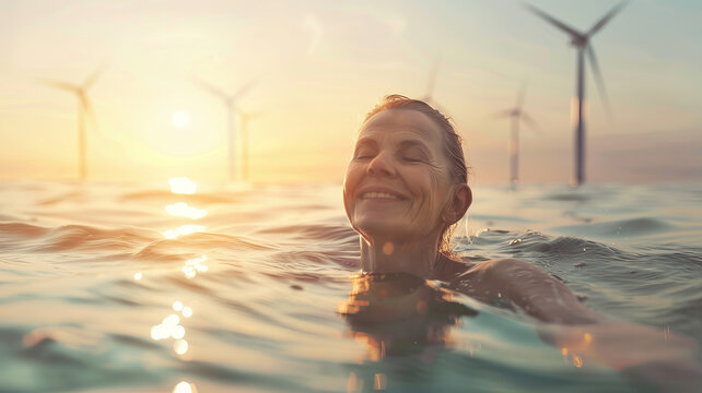 Joyful Senior Woman Swimming in Sea at Sunset with Wind Turbines in Background. Eco green energy concept, interaction between people and technology.