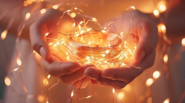 Close up top view of person holding roll of wire micro LED string lights in hands : Generative AI