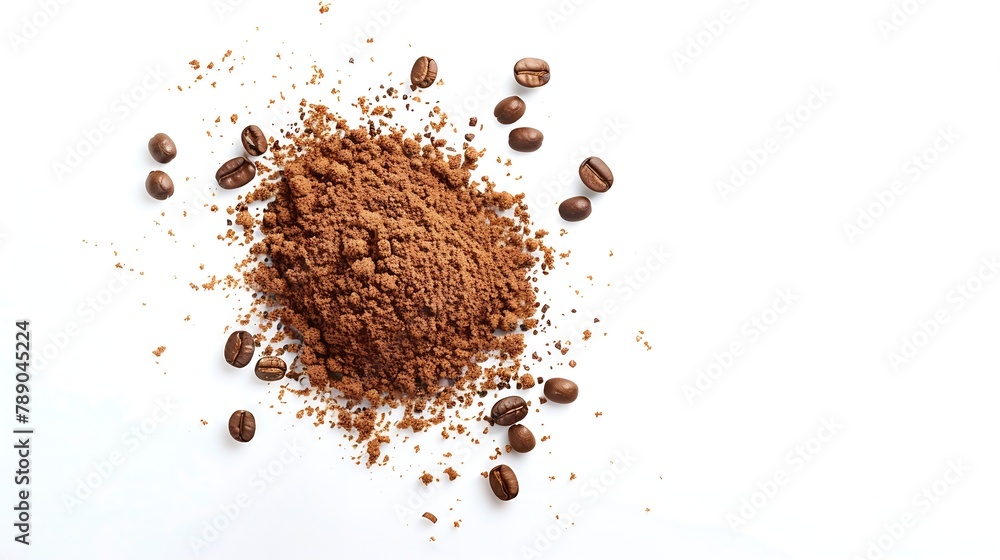 Poster flat lay of ground coffee with coffee beans isolated on white background : generative ai