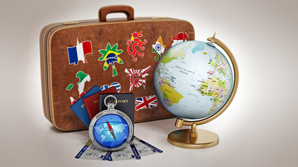 Globe model, compass,passports, tickets on the suitcase. 3D illustration
