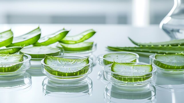 Petri dishes with Aloe vera slices placed on arranged with a beaker filled with Aloe vera gel Aloe vera Aloe barbadensis miller contains vitamins A C and E : Generative AI