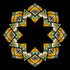 Mandala. Decorative round ornament, isolated on black background. Round ornamental frame. Arabic, Indian, ottoman motifs. For cards, invitations. Vector color illustration. Yellow and green colors.