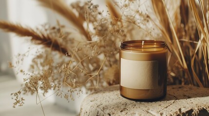 Obraz na płótnie Canvas Candle with blank paper label on beige stone near dried pampas grass Close up copy space Boho brand packaging mock up Home decoration Close to nature or scandinavian style : Generative AI