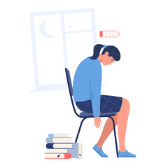 Tired young woman with low battery level,  no energy. Fatigued female is in emotional burnout. Frustrated, terrible fatigue, weakness. Working Online, student or telework