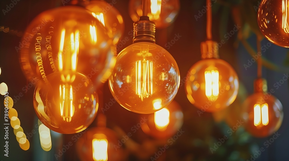 Poster classic sphere lighting bulbs are glowing in orange warming shade there are hanging from ceiling in 