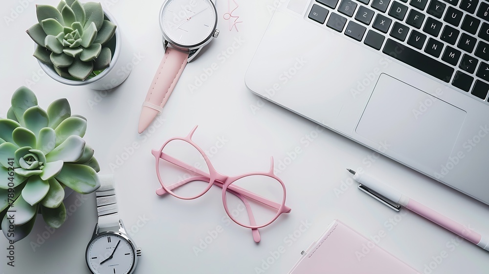 Poster flat lay top view office table desk frame feminine desk workspace with laptop diary succulent glasse