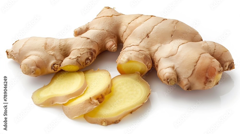 Poster flat lay of fresh ginger rhizome with slices isolated on white background : generative ai