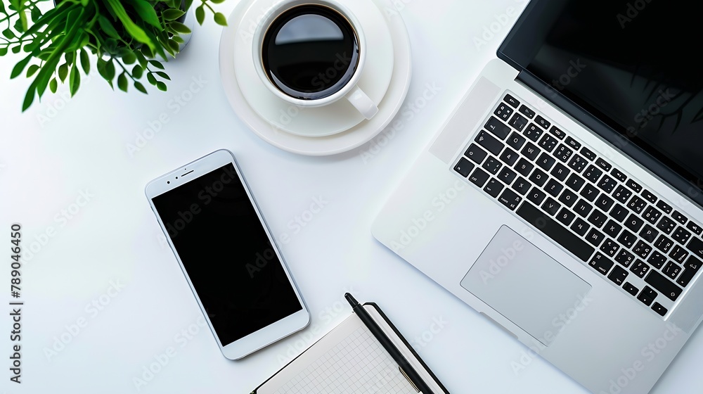 Poster Modern white office desk table with laptop computer smartphone with black screen over a notebook and cup of coffee Top view with copy space flat lay : Generative AI