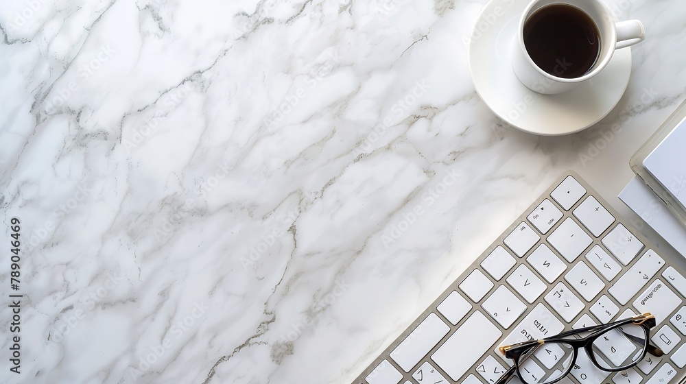 Aufkleber home office desk table with keyboard coffee cup eyeglasses paper notebooks on marble background flat
