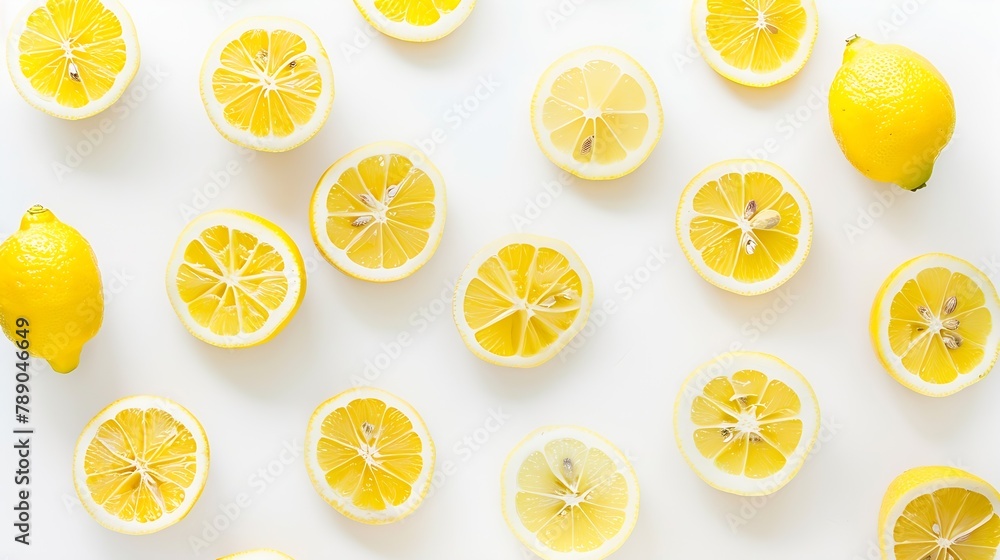 Poster Ripe lemon with slices isolated on white background with full depth of field Top view Flat lay : Generative AI