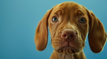 Closeup peeking vizsla puppy dog summer or spring Isolated on blue background : Generative AI