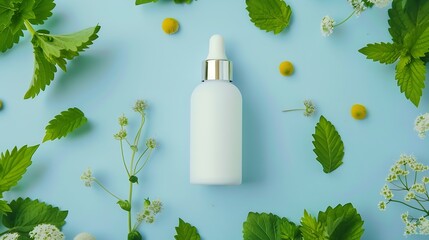 Mockup scene with empty bottle of feverfew extract have antioxidant properties Bottle put on white podium fresh feverfew and green leaves on blue background Space for design Top view f : Generative AI
