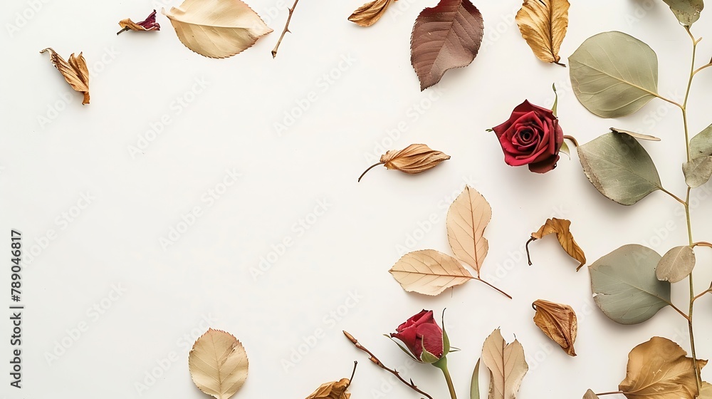 Poster autumn composition frame made of eucalyptus branches rose flowers dried leaves on white background a