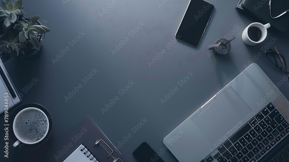 Poster overhead shot of laptop and business accessories on gray background office desktop flat lay : genera