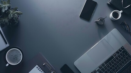 Overhead shot of laptop and business accessories on gray background Office desktop  Flat lay : Generative AI