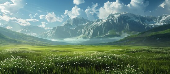 Field of green grass and mountains - obrazy, fototapety, plakaty