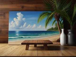 Wood table with seascape and palm leaves oil canvas painting style