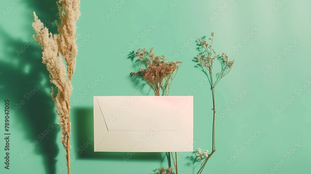 Poster white blank card craft envelope and dry flowers plant on green background top view flat lay mockup c