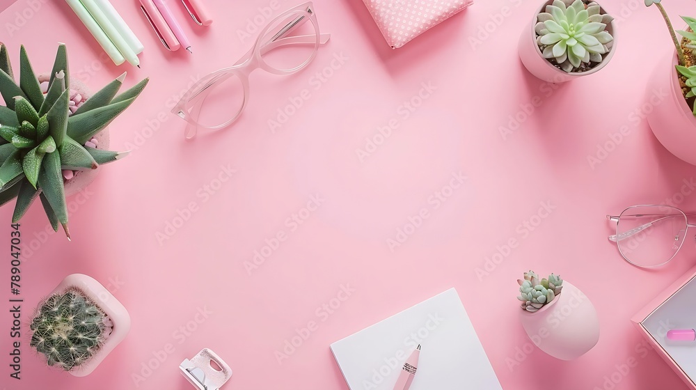 Aufkleber top view flat lay of workspace desk styled design office supplies and cactuses succulents with copy 