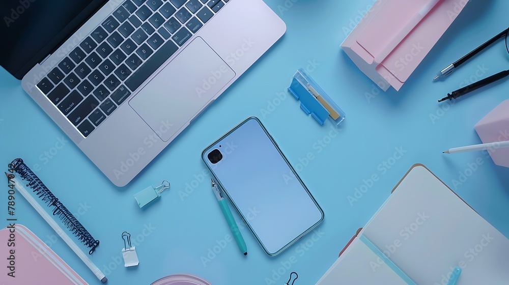 Poster creative flat lay design of workspace desk with laptop blank notebook smartphone and stationery with