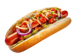 Hot dog with onion, mustard, ketchup and tomatoes on a transparent background