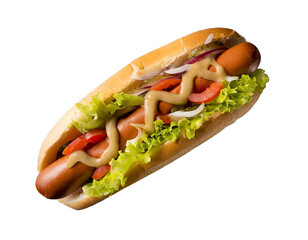 Hot dog with lettuce, onion, ketchup, mustard and tomatoes on a transparent background