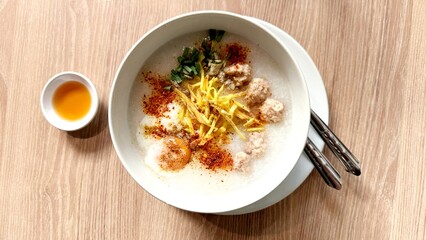 Minced Pork Congee with Hard-boiled Egg.