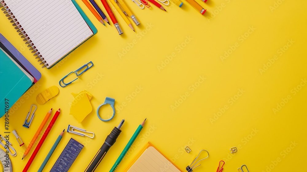 Poster school stationery on a yellow background top view with copy space flat lay back to school concept : 