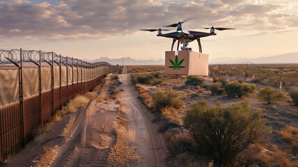 Illegal delivery marijuana concept. Aerial View of smuggler transportation Drone transporting box of cannabis through border. - obrazy, fototapety, plakaty