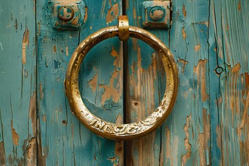 : Golden horseshoe on weathered door, good luck.