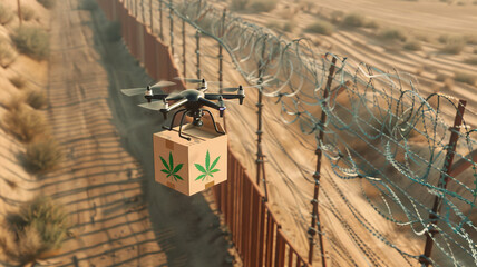 Illegal delivery marijuana concept. Aerial View of smuggler transportation Drone transporting box of cannabis through border.