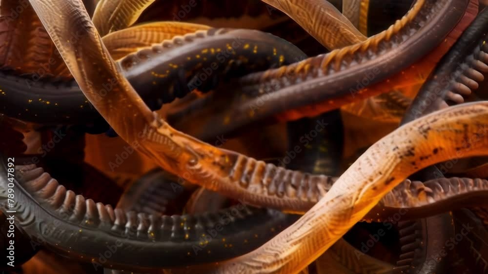 Poster an artistic view of a community of nematodes with multiple individuals intertwined and moving togeth