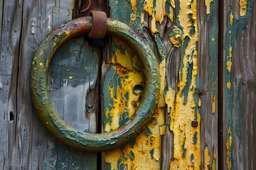 : Golden horseshoe on weathered door, good luck.