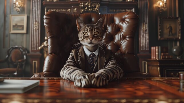 Felidae with humanlike face sits on chair at desk