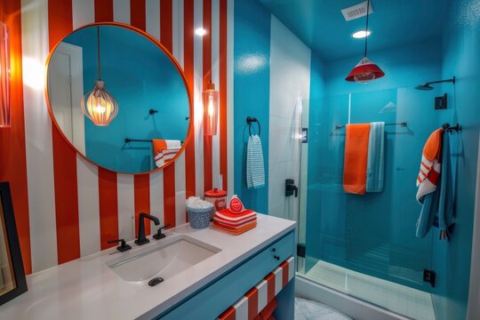 Coastal-Inspired Bathroom with Striped Walls and Modern Fixtures