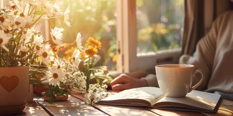Cozy Morning with Book and Coffee by Sunny Window with Blooming Flowers